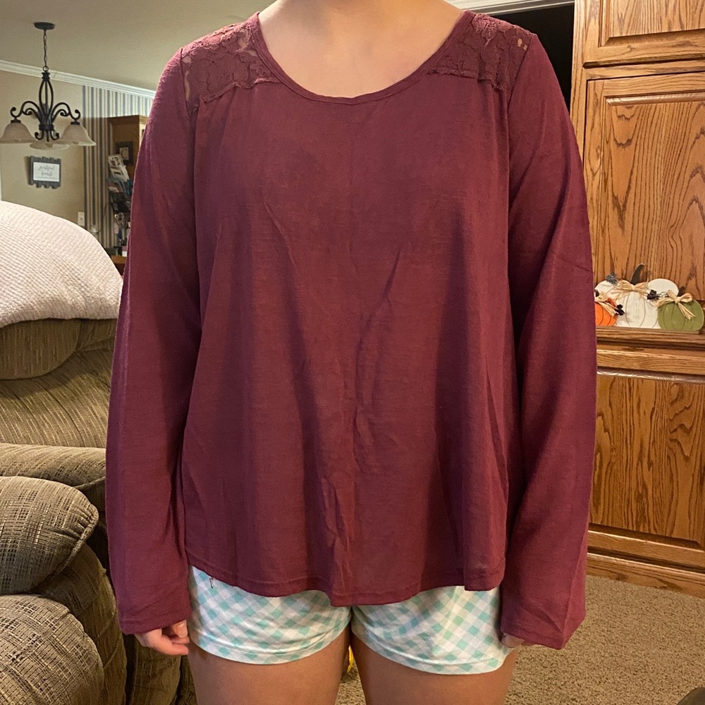 Burgundy Long Sleeve Top with Lace Detail